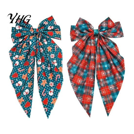 Elegant Long Ribbon Bows Large Christmas Hair Bow for Women Girls, Decorative Clip with Classic Holiday Shiny Satin Clips Prints, Tail Barrettes