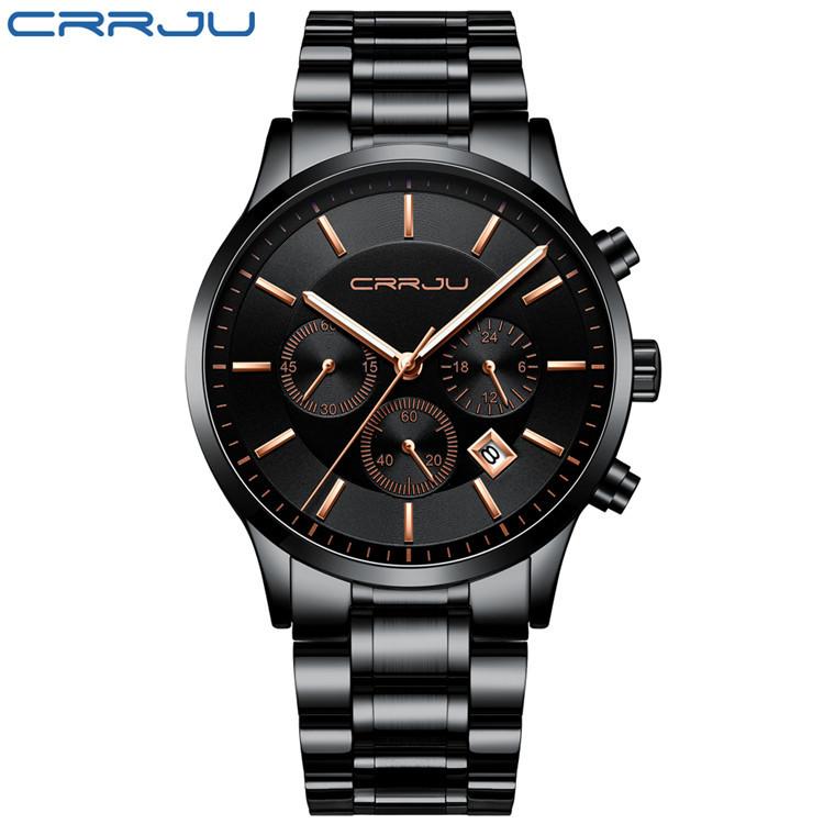 CRRJU New Men's Steel Band Sports Watch Fashion Business Multi-functional Six-pin Chronograph Watch