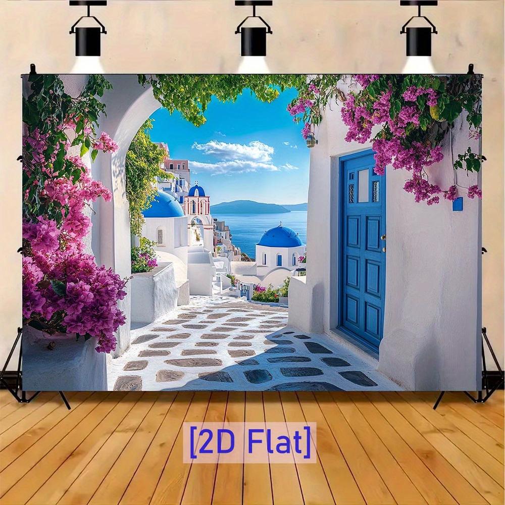 2D Flat Banner, Greek Santorini Backdrop, Blue Cycladic Houses, Aegean Sea View, Mediterranean Wedding Decor