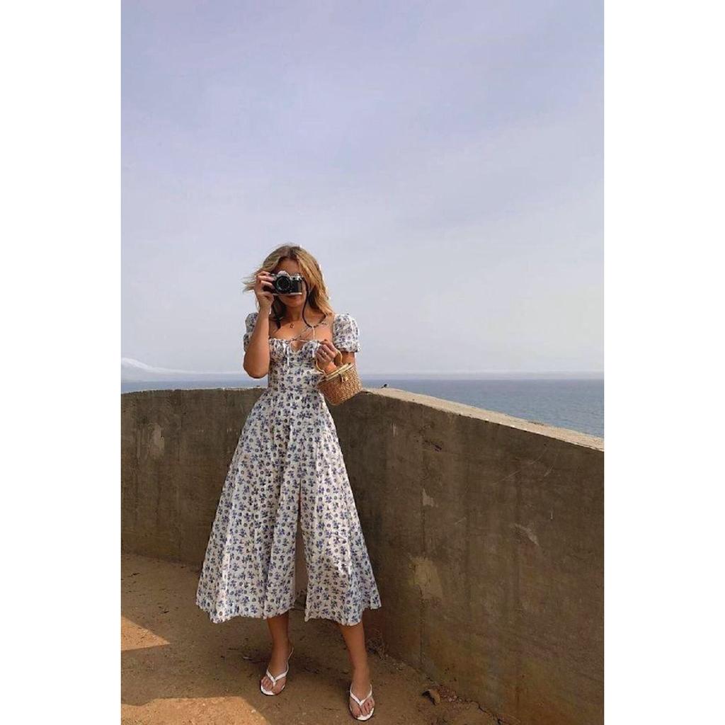 Women's Slit Loose Cut Skirt Collar Tie Detail Short Sleeve Blue Floral White Summer Dress