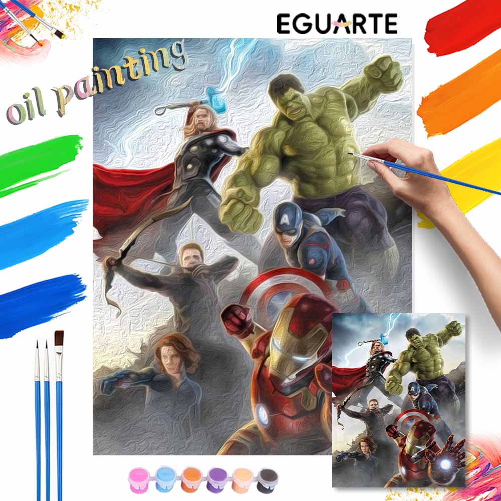Disney Oil Painting DIY Digital Painting Avengers Heroes Action Scene HandPainted Wall Art for Living Room and Entryway.