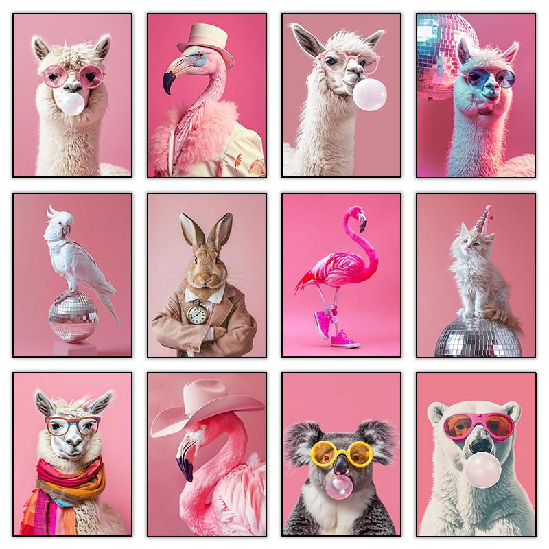 Disco Pink Posters Kitten Llama Koala Prints Canvas Printing Wall Art Picture for Room Home Decor Funny Cute Animal Bubble Party