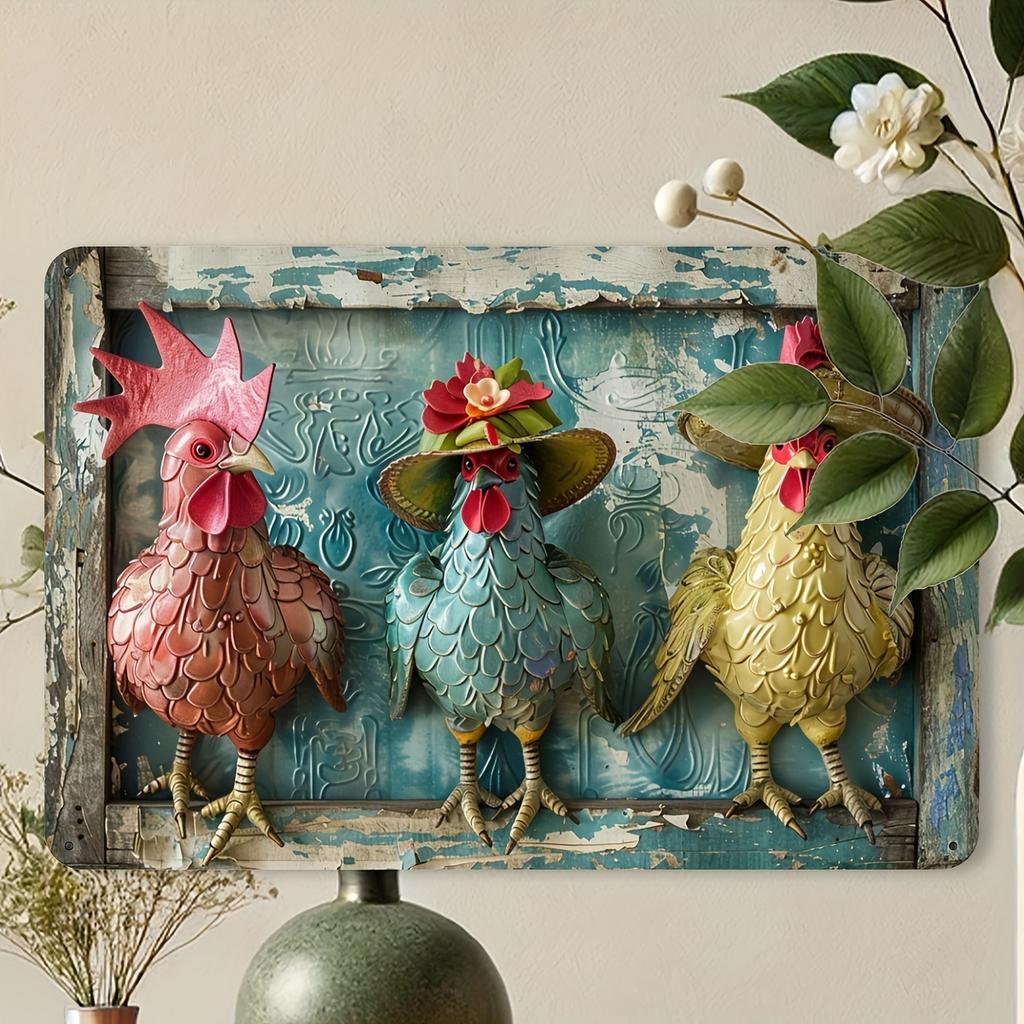 Деревенский фермерский винтажный металл Жестяная табличка с курицей, Декоративное настенное искусство для дома и гаража, Подвесной декор для помещений и улицы