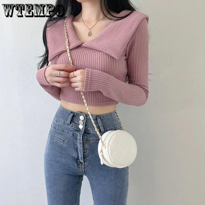 WTEMPO Однотонные трикотажные свитера с длинным рукавом для женщин, повседневные, тонкие, короткие, с V-образным вырезом, с высокой талией, универсальные трикотажные топы