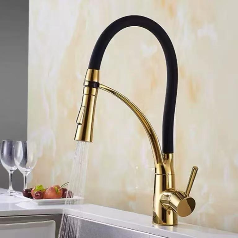 Вращающийся полностью медный выдвижной кухонный смеситель для горячей и холодной воды