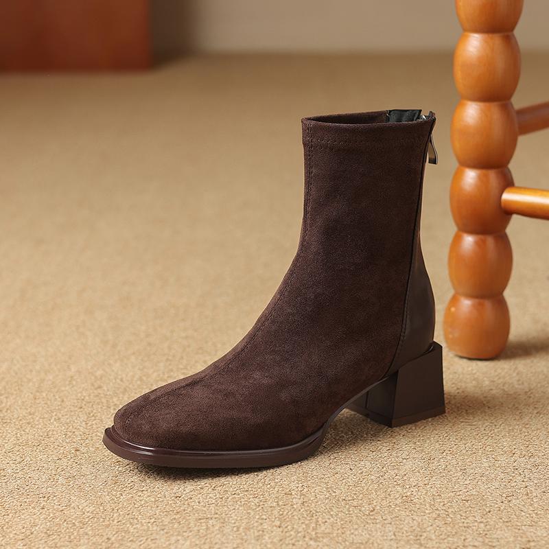 Krazing Pot Осенне-зимняя обувь из флока Ботинки Челси с квадратным носком, сохраняющие тепло, на молнии, эластичные ботильоны