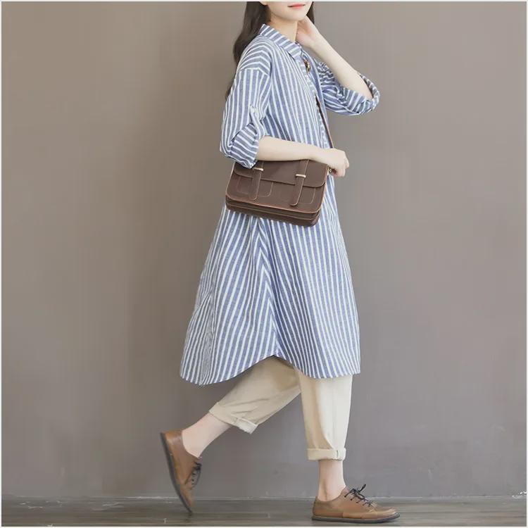 Платье-рубашка больших размеров в вертикальную полоску из хлопка и льна для женщин - осенняя мода, подходит для беременных, до 200 фунтов