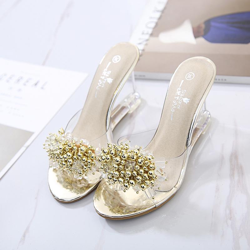 Women Slippers Sandals 8Cm Wedge High Heels Transparent Crystal Rhinestone Slippers