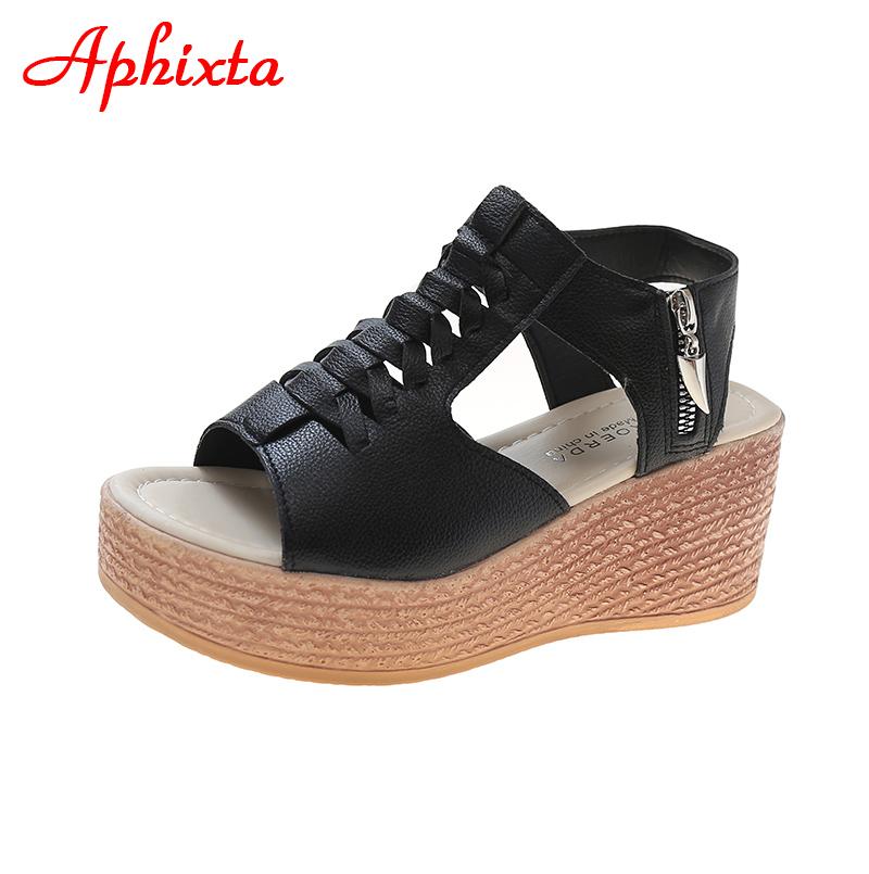 Fashion Aphixta Big Szie 43 Summer 7cm Wedge Heel Sandals Women Peep Toe Metal Zip Platform Shoes Cool Wedges Fashion Slides