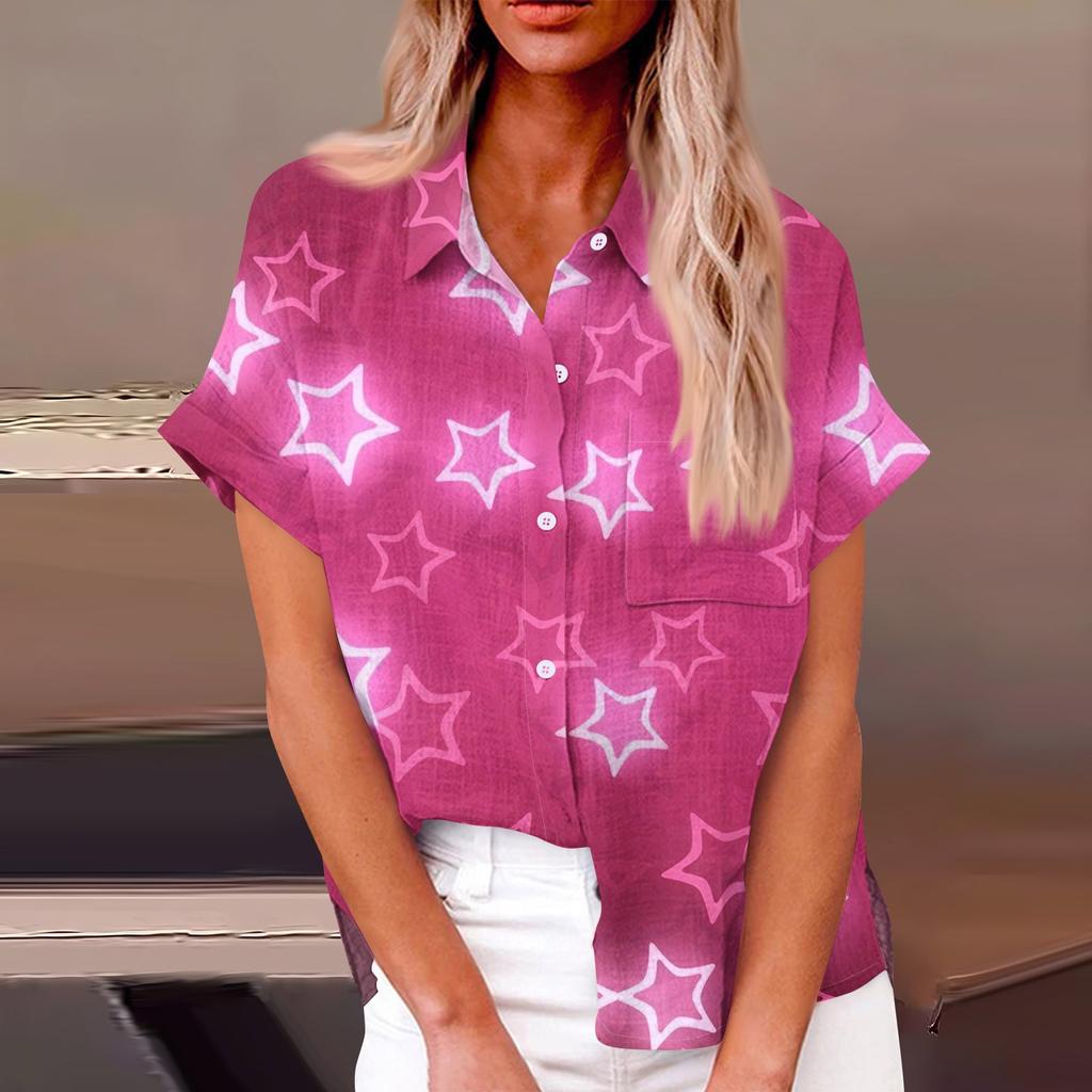 Женская свободная повседневная рубашка с короткими рукавами и отворотом с цифровым принтом и карманом