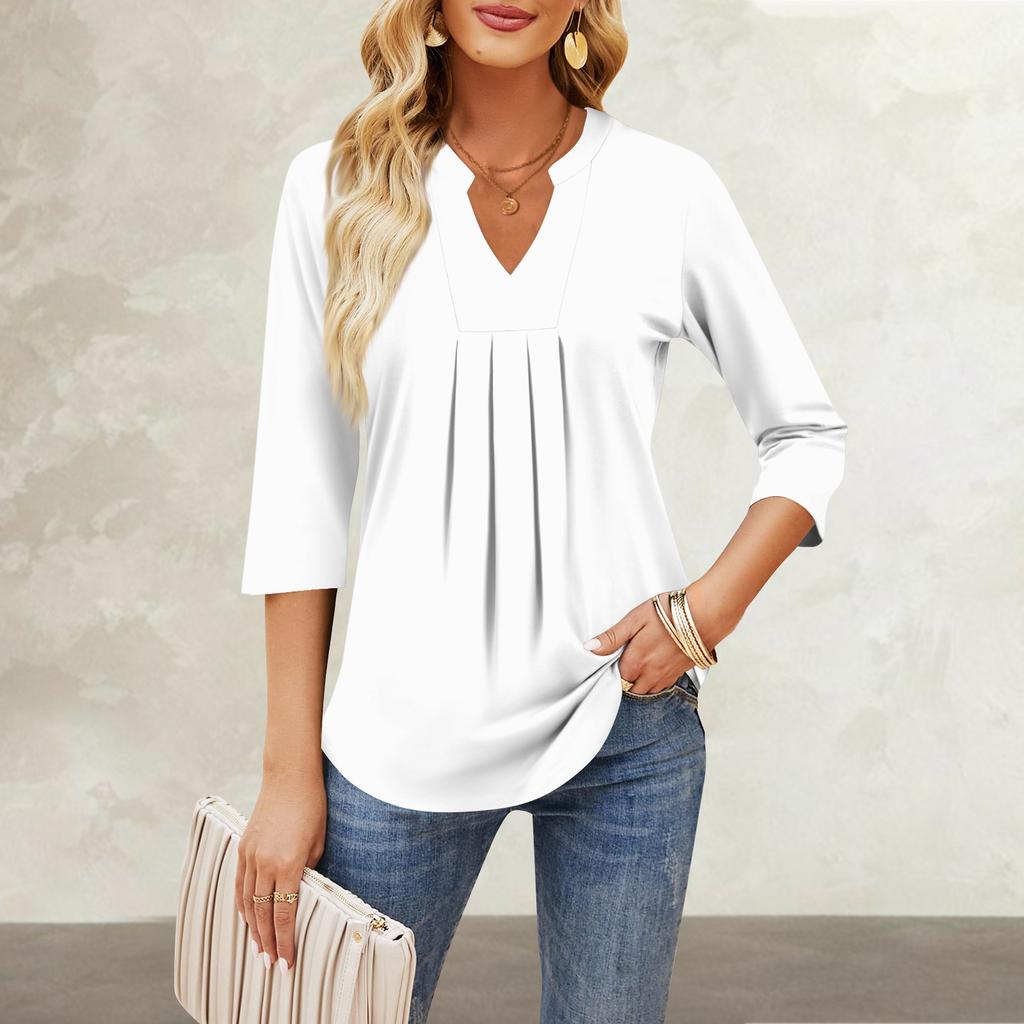 Women's Seven-quarter Sleeve Tops Casual V-neck Chest Ruffles Solid Color Loose T-shirt Tops