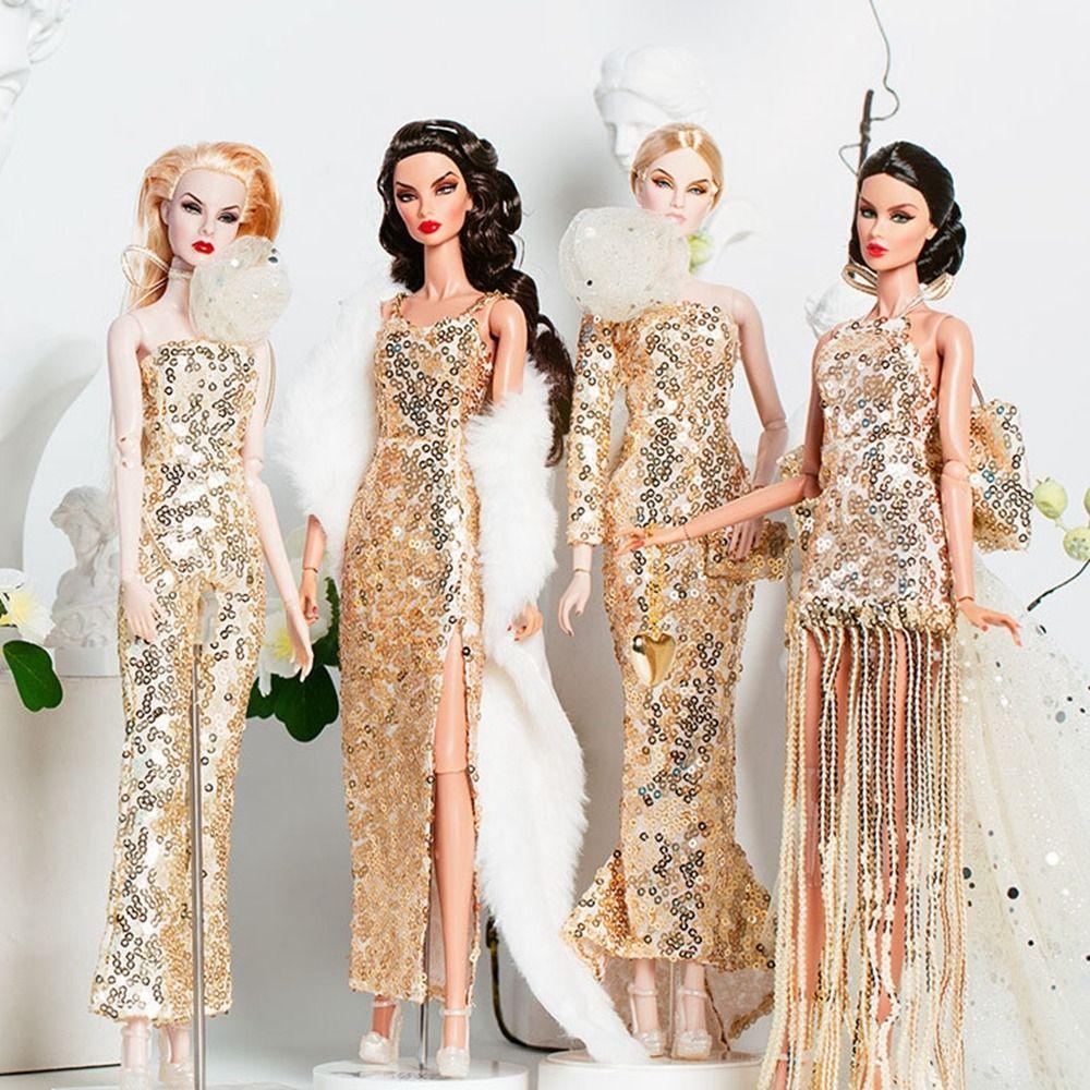 DIY Girls Sequin Dresses European Wedding Dresses New Lace Golden Dress Set for 30cm BJD Doll