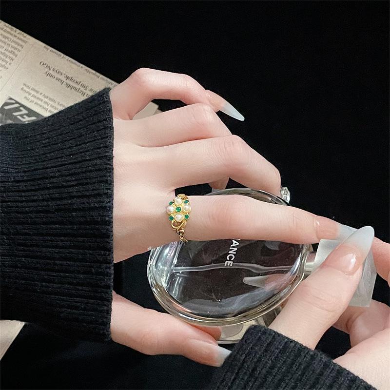 Fashion Gold Emerald Drop Glaze Open Ring Zircon Enamel Personality Light Luxury Premium Retro Ladies Ring