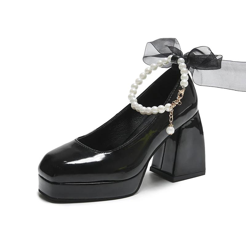 Мода 2024 года, новые модные туфли для женщин, туфли Мэри Джейн на высоком каблуке, летние однотонные туфли для офиса и карьеры, женские туфли с бусинами, Zapatos