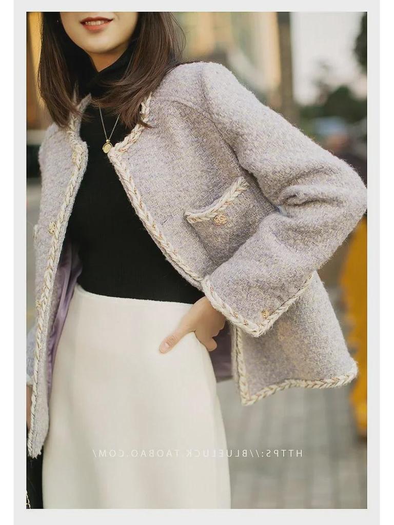 Маленький твидовый кардиган лавандово-фиолетового цвета: Женский бархат Plus, утолщенный, короткий стиль на осень/зиму 2024 г.