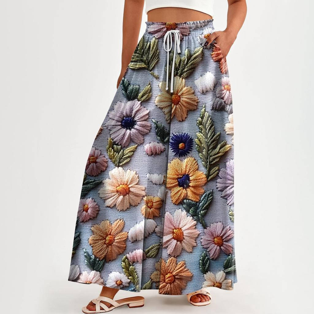 Women's Pocket High-waisted Wide-leg Pants Floral Print Casual Pants