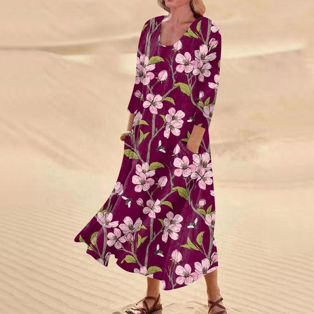 Женское повседневное удобное хлопковое карманное платье с цветочным принтом и рукавами три четверти