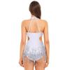 Womens Latin Dance Costume Sparkling Sequin Color Block Patchwork Bodysuit Sleeveless Fringed Leotard