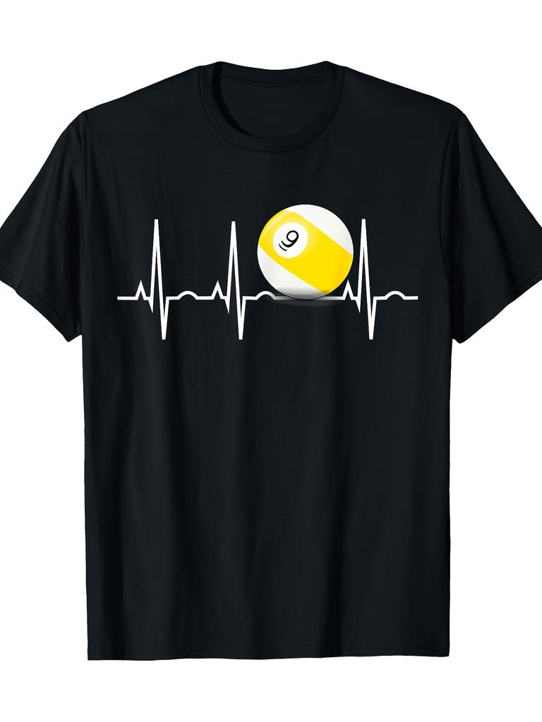 9 Ball Pool Player Heartbeat ECG Graphic Tee Breathable Casual Short Sleeve TShirt