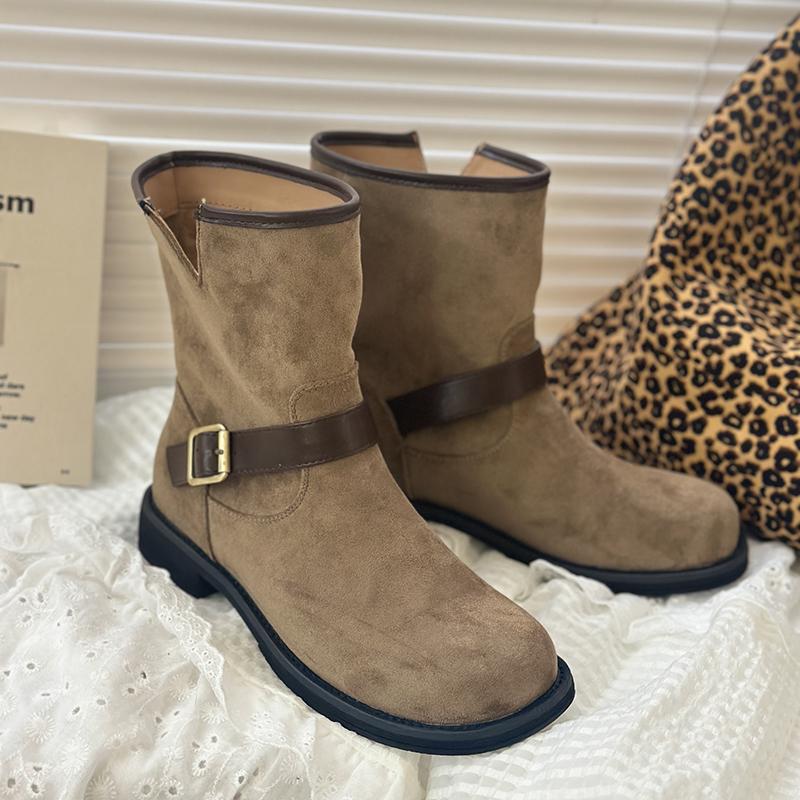 Fashion Autumn Winter Women Western Ankle Boots Fashion Pointed Toe Low Heel Shoes Belt Buckle Ladies Elegant Short Booties