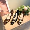 6888-3 French Square Head High Heels Women's Fashion Commuting Temperament Light Mouth Thick Heel Single Shoes Metal Square Buckle High Heels