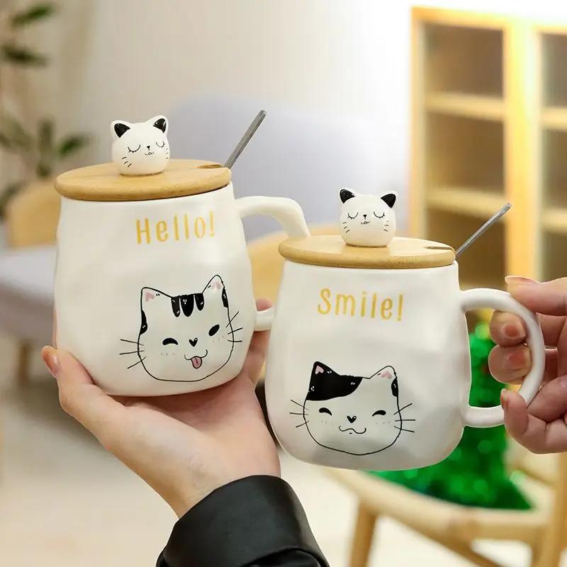 Creative Cartoon Ceramic Cup With Lid and Spoon Cute and Different Cups of Coffee Breakfast Milk Coffee Cup Office Cat Mug Mugs