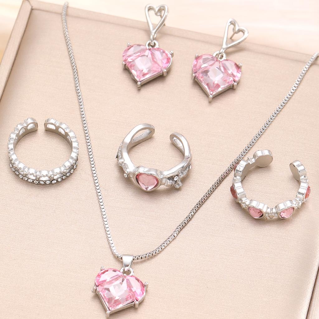 New Pink Crystal Heart Jewelry Set for Women Simple Y2K Zircon Love Elegant Pendant Necklaces Ring Drop Earring Girls Gifts 2026