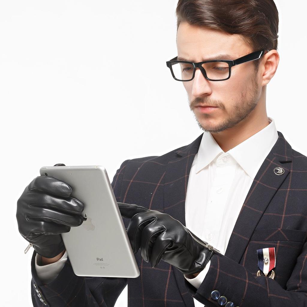 Перчатки Nappaglo из овчины с подкладкой из длинного флиса, ручной работы, для вождения, для смартфона, мужские, на молнии, совместимые, (Размер M, Черный,