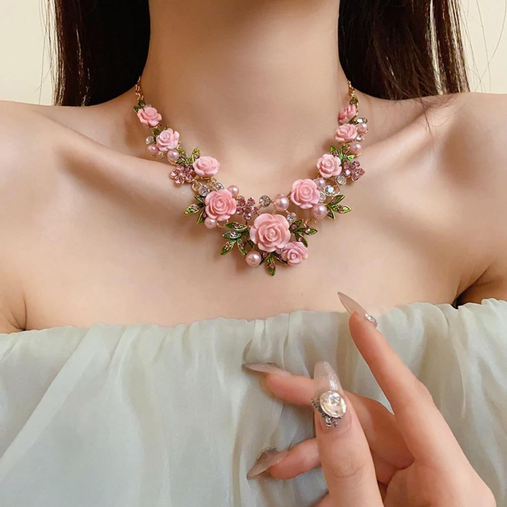 Жемчужный браслет с цветком, серьги-пусеты со стразами, роскошное ожерелье с цветком розы, вечеринка