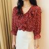 Шифоновая блузка с цветочным принтом, женская рубашка с v-образным вырезом, свободная нижняя рубашка больших размеров