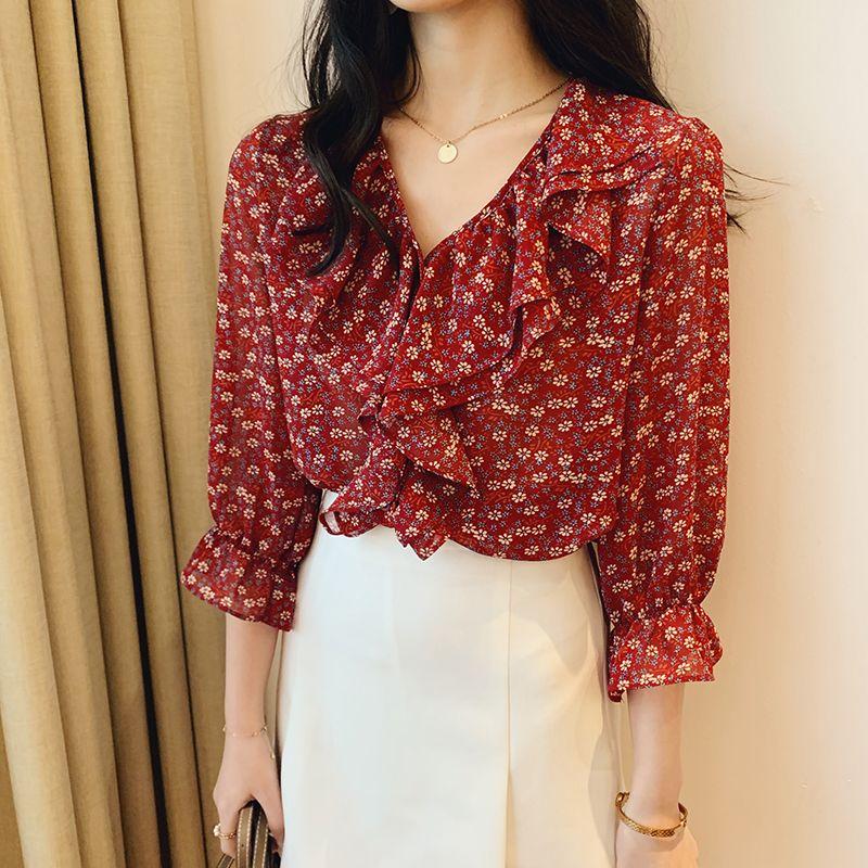 Шифоновая блузка с цветочным принтом, женская рубашка с v-образным вырезом, свободная нижняя рубашка больших размеров