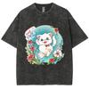 Cartoon Cute Kitten Print Women's T-Shirt Y2K Oversized Crew Neck Short Sleeve Wash Unisex  Fairy Style Top