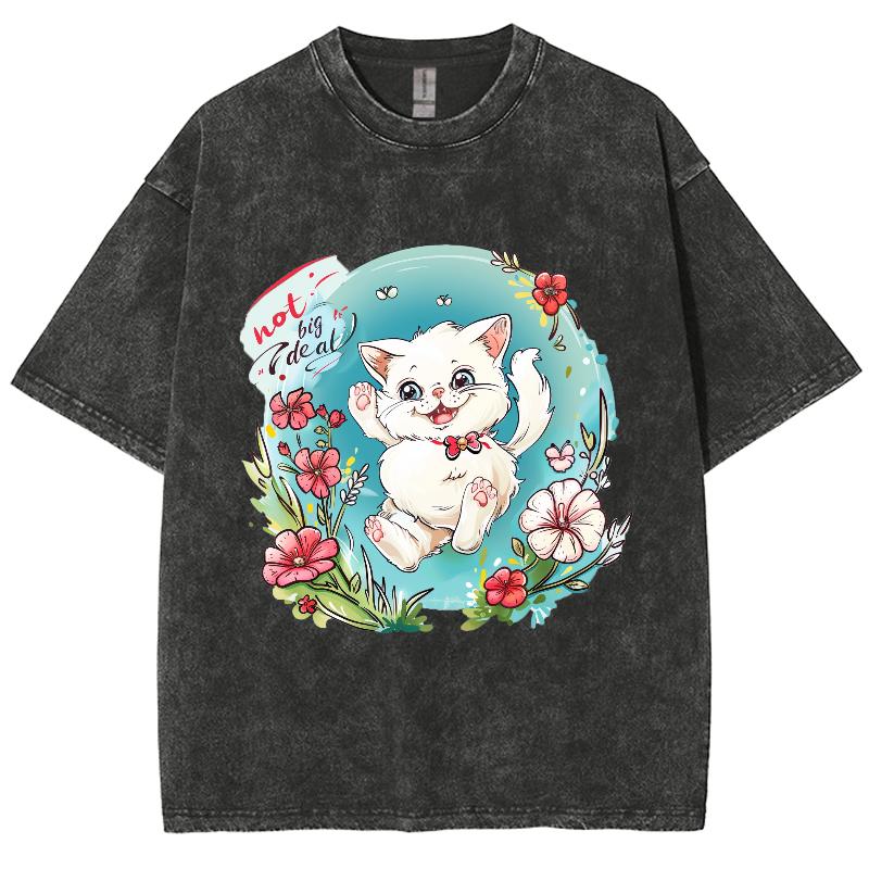 Cartoon Cute Kitten Print Women's T-Shirt Y2K Oversized Crew Neck Short Sleeve Wash Unisex  Fairy Style Top