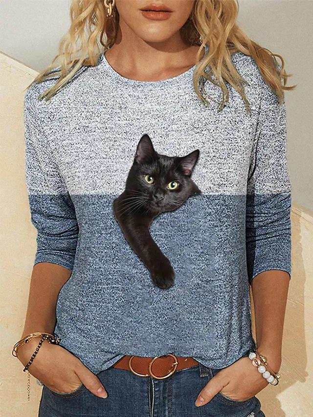 Color Block Printed Long Sleeved Casual Daily Basic Retro Round Neck 3D Cat Printed Women's T-shirts - Soft Medium Stretch Relaxed Fit Clothing