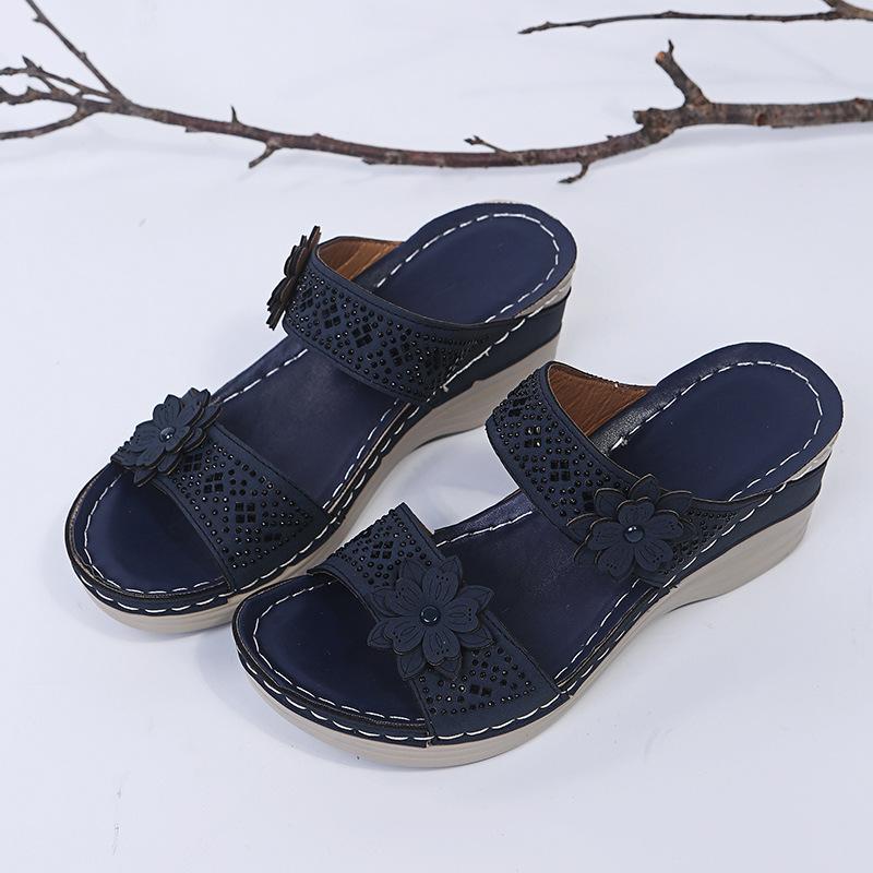 Женская обувь летние ретро римские сандалии женские ПУ повседневные босоножки на танкетке с цветочным принтом тапочки женские тапочки на платформе