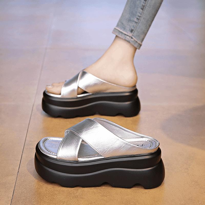 Silver Cool Slippers Women's Summer Outer Wear New with Skirt Versatile Thick-soled Heightening Beach Sandals
