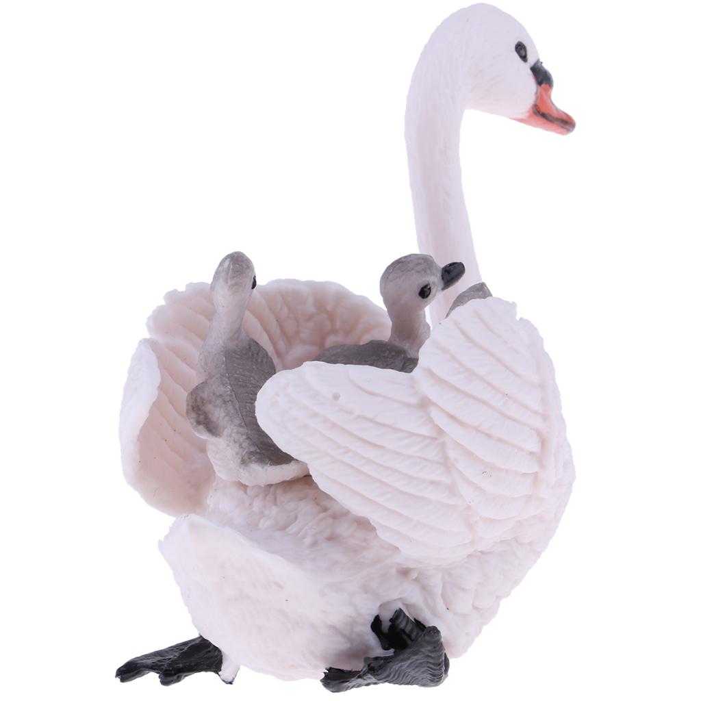 White Swan Figure with Babies On Back Animal Model Set Toy Home Ornaments