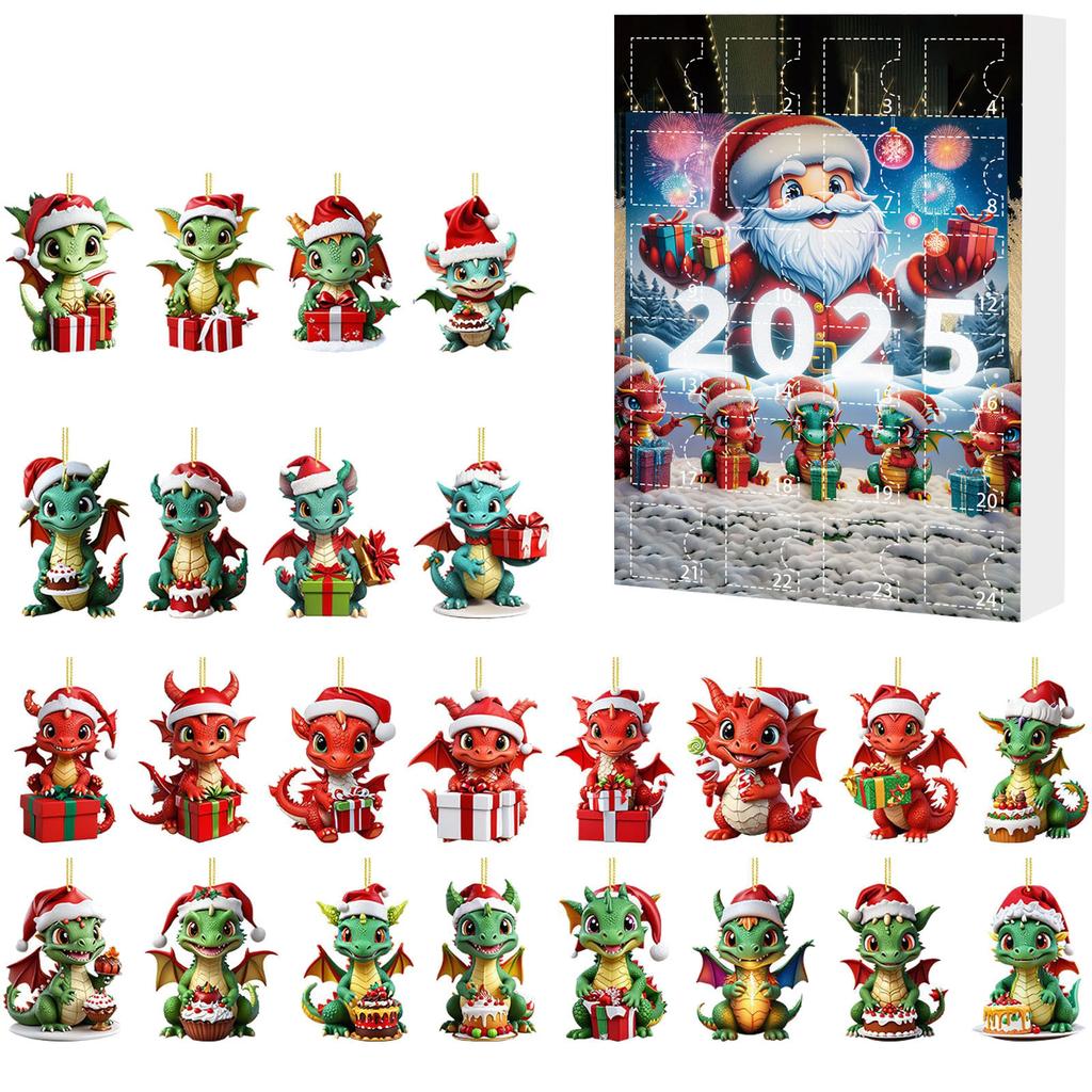 24-Days Christmas Tree Decorations with Santa Hats Cute Dragon Countdown Calendar Mini Xmas Tree Dragon Pendant for Home Decor