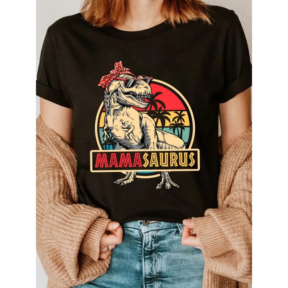Fun Tyrannosaurus Rex Print T-shirt Retro Soft Round Neck Short Sleeved Shirt - Mother's Day Women's Gift