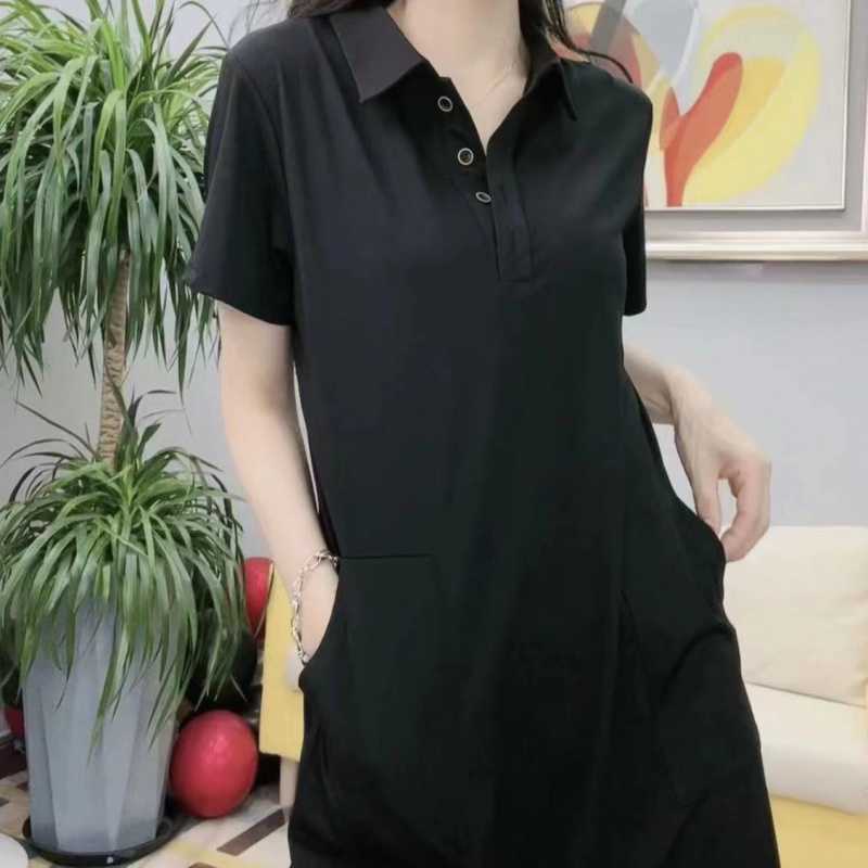 Women's Summer Knee Over Hip Long Solid Color T-shirt Skirt Casual Polo Dress