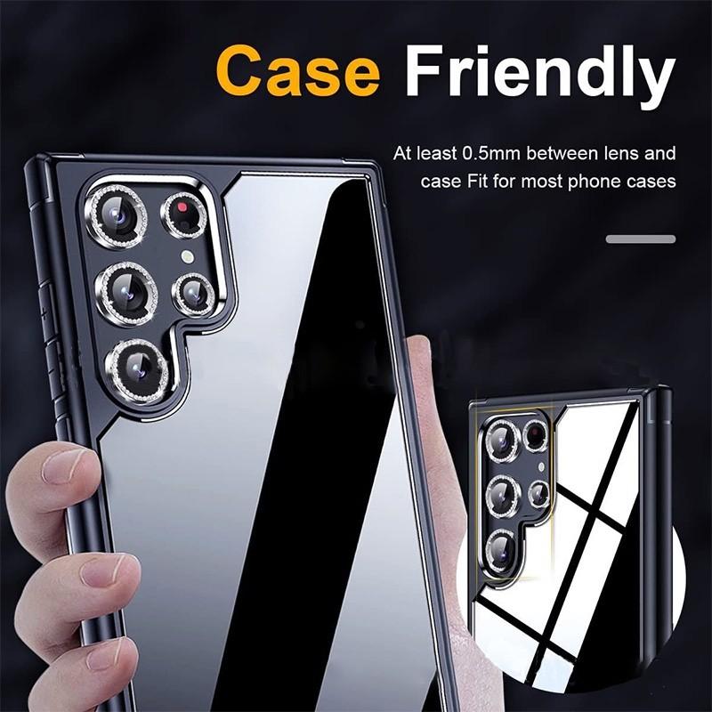 1 Set For Samsung Galaxy S24 S23 Ultra S24 S23 Plus Bling Glitter Diamond Metal Camera Lens Protector Ring with Tempered Glass