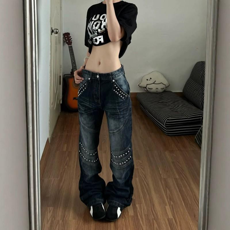 Y2K Streetwear High-Waisted Distressed Denim Jeans Women With Rivet Detail Cropped Wide-Leg Fit