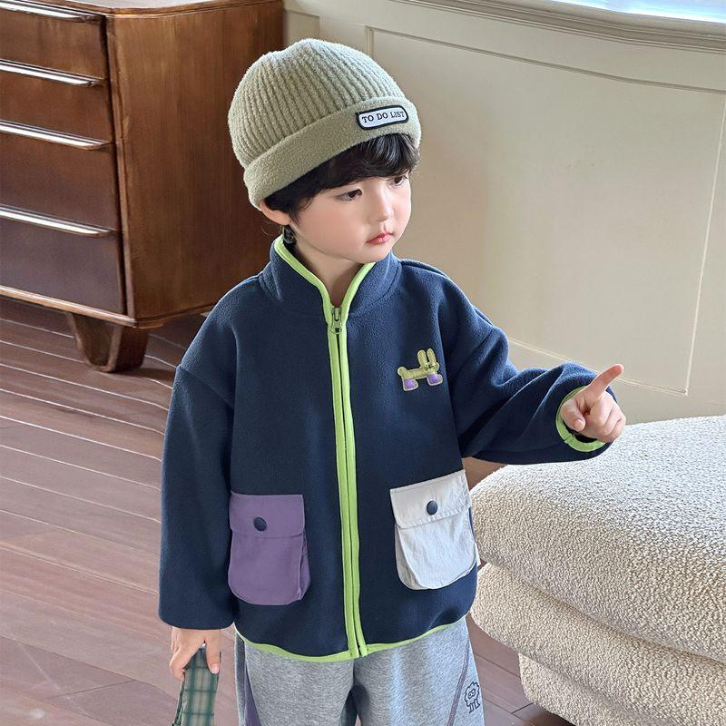 Boys' Fleece Stand-Up Collar Jacket Spring and Autumn Children's Clothing Kids' Autumn Zipper Top Baby Warm Fleece Clothes