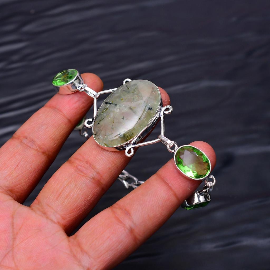Prehnite & Green Amethyst Gemstone : 925 Sterling Silver Handmade Multi Gemstone Bracelet Jewelry
