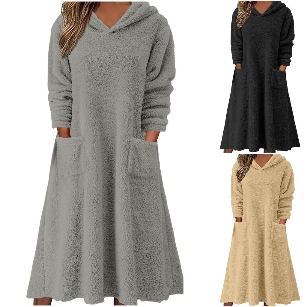 Women's Fuzzy Fleece Hoodies Dress, Warm Winter Loose Long Sleeve Casual Soft Dresses with Pockets
