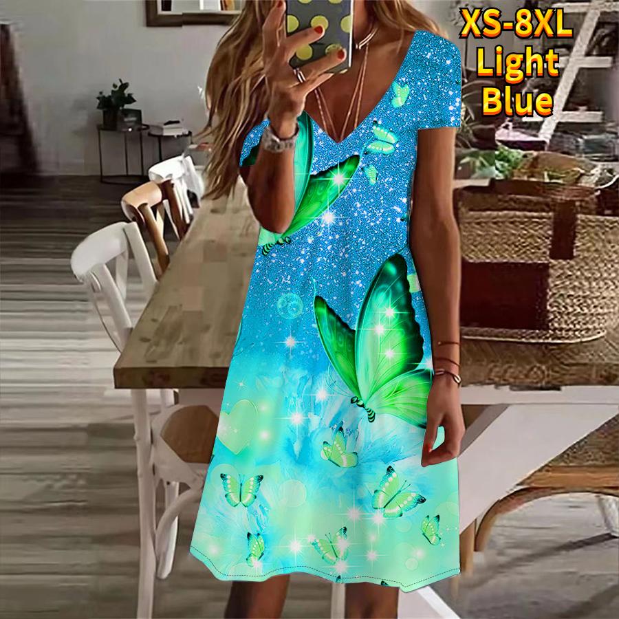 Летнее модное женское платье с v-образным вырезом и коротким рукавом, сверкающее синее платье с принтом бабочек, сексуальное платье