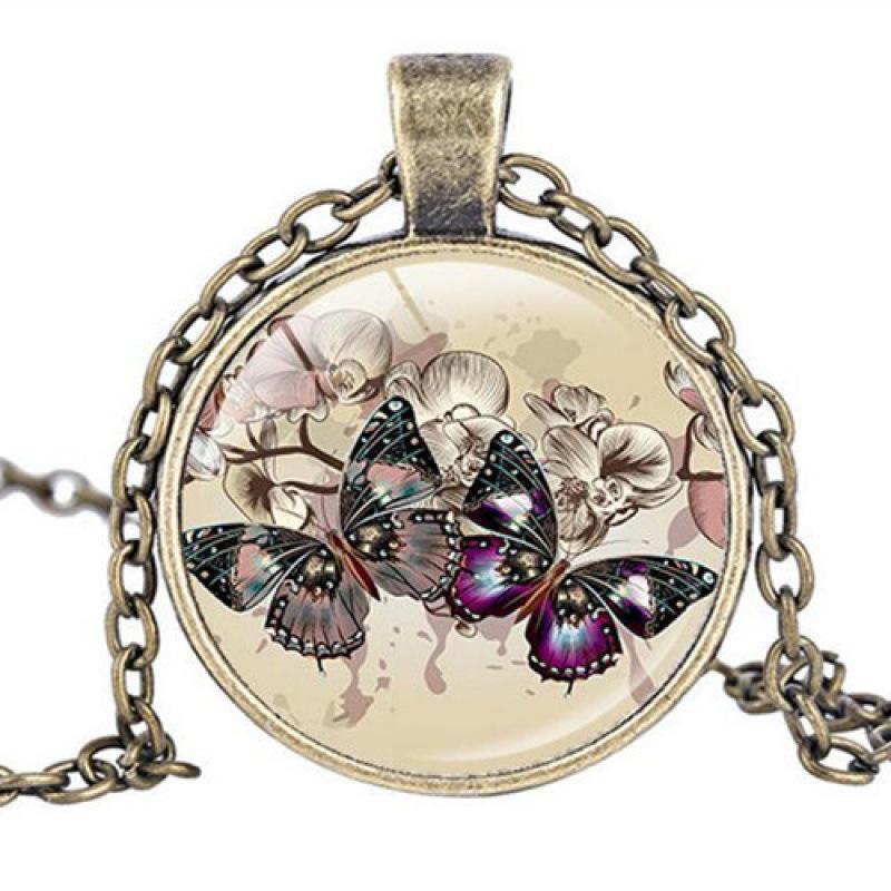 Floral Butterfly Pendant Necklace with Cabochon Charm
