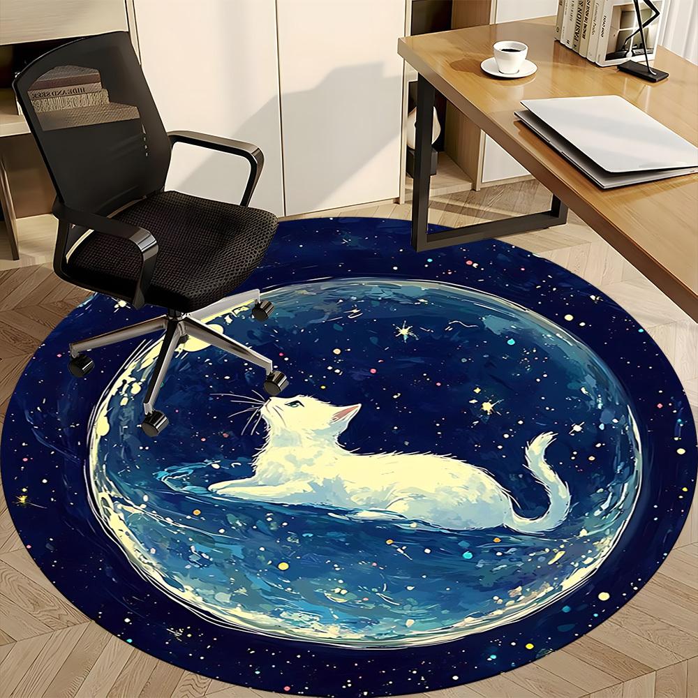 1PC Cosmic Cat Pattern Office Round Area Rug, Mat Suitable For Office, Under Office Chairs Bedroom Living Room Home Decor, Room Deco
