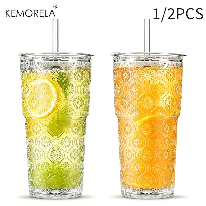 1/2PCS Begonia Flower Glass Coffee Cup With Lid and Glass Straws 590ML for Iced Coffee Smoothies Milk Water and More Drinkware