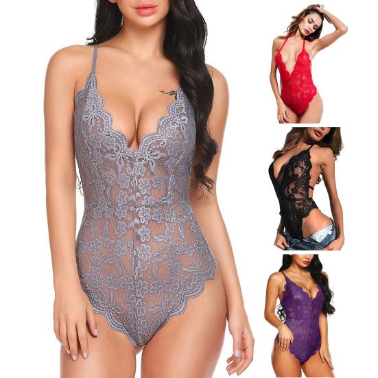 Women Sexy Bodysuit See-through Lace Skinny Low-cut V Neck Backless Sleeveless Hollow Out Flower Embroidery Adjustable Straps Solid Color Honeymoon